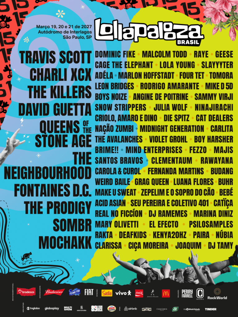 Lollapalooza Brasil 2027 celebra 15 anos com Travis Scott, The Killers, Charli xcx e grandes nomes da música